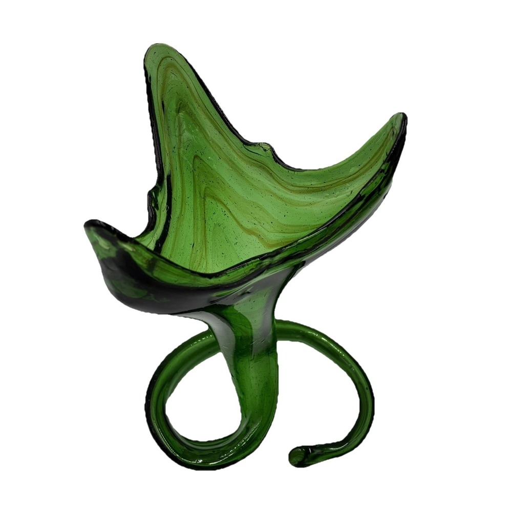 VINTAGE SOONER ART GLASS GREEN HAND BLOWN GLASS VASE RARE ITALY CENTER PIECE